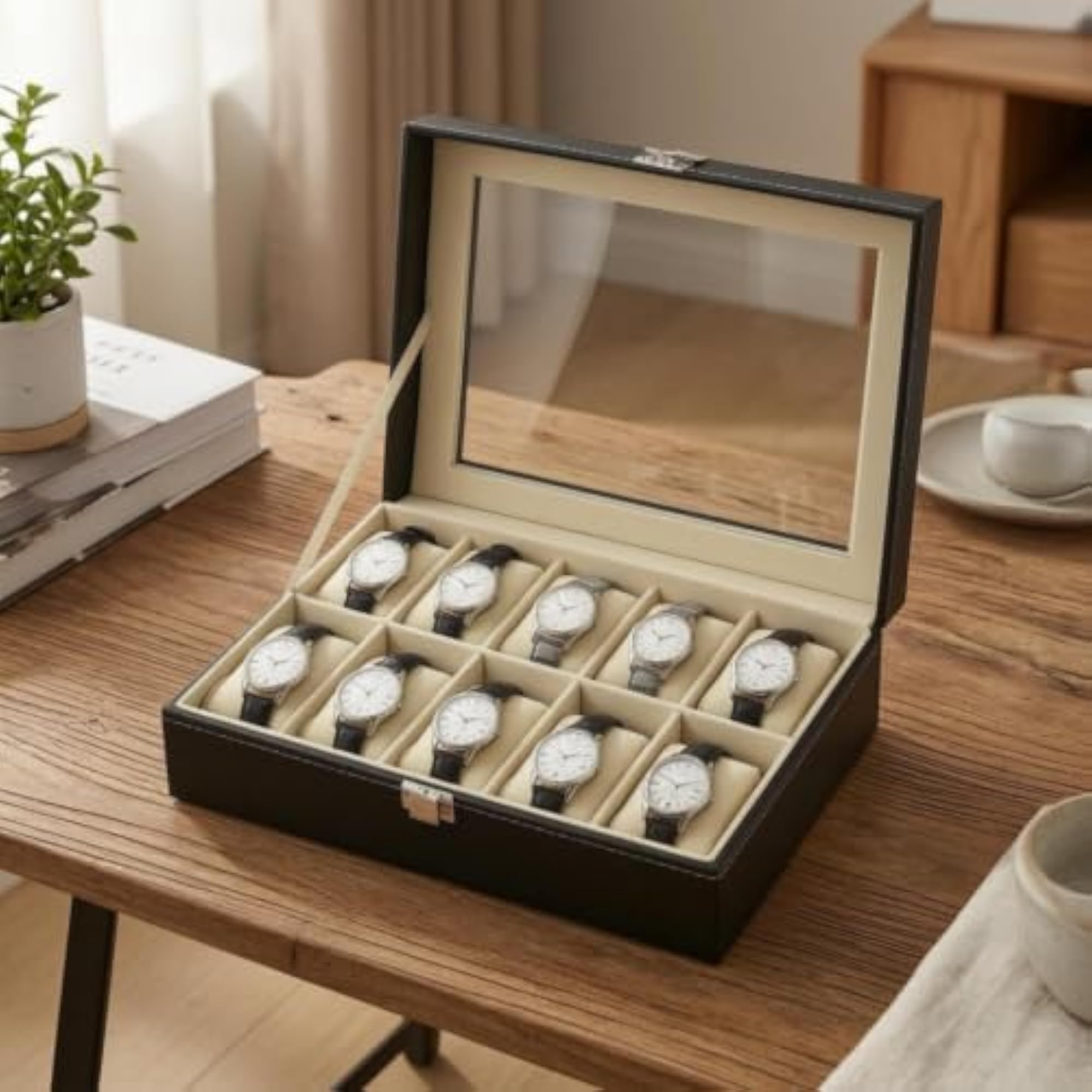 PU Leather Watch Organizer with Window, 3 Slot Box
